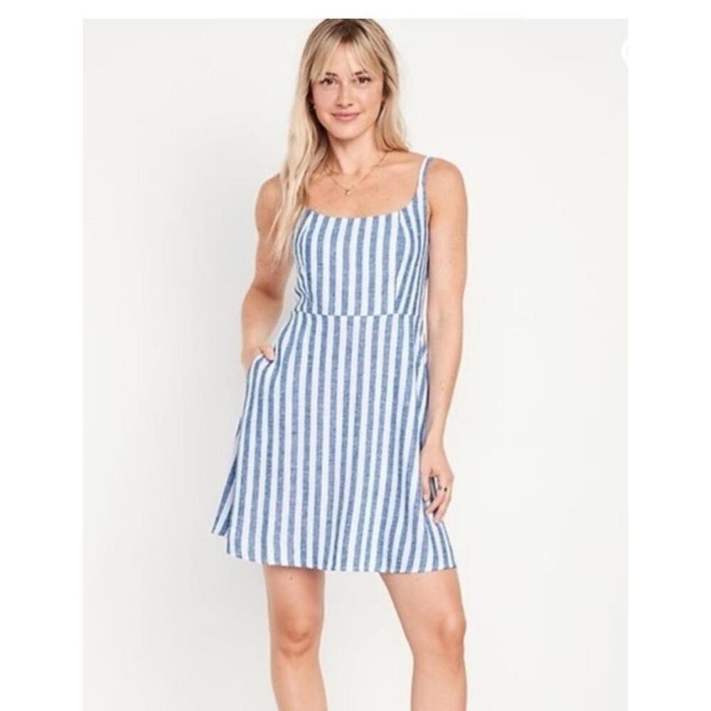 Old Navy dress XL blue white striped linen mini beachy coastal summer nautical